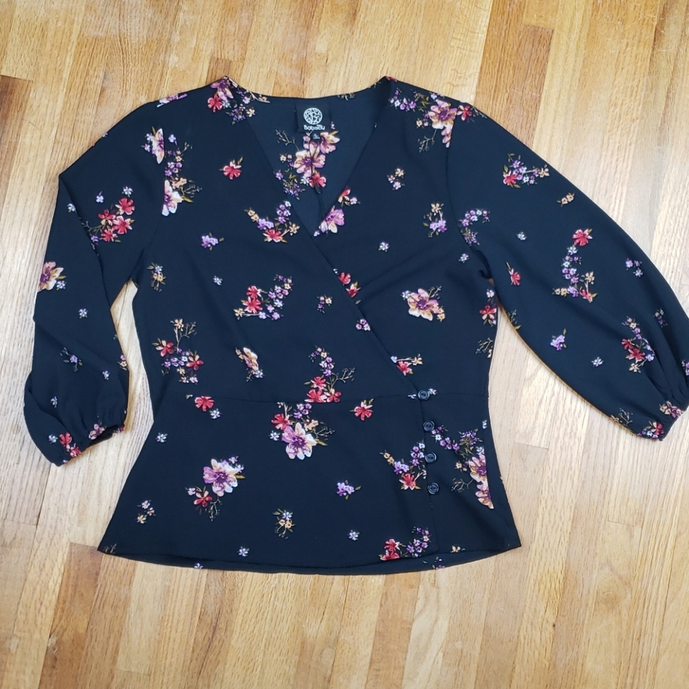 Bobeau Floral 3/4 Sleeve Wrap Button Blouse